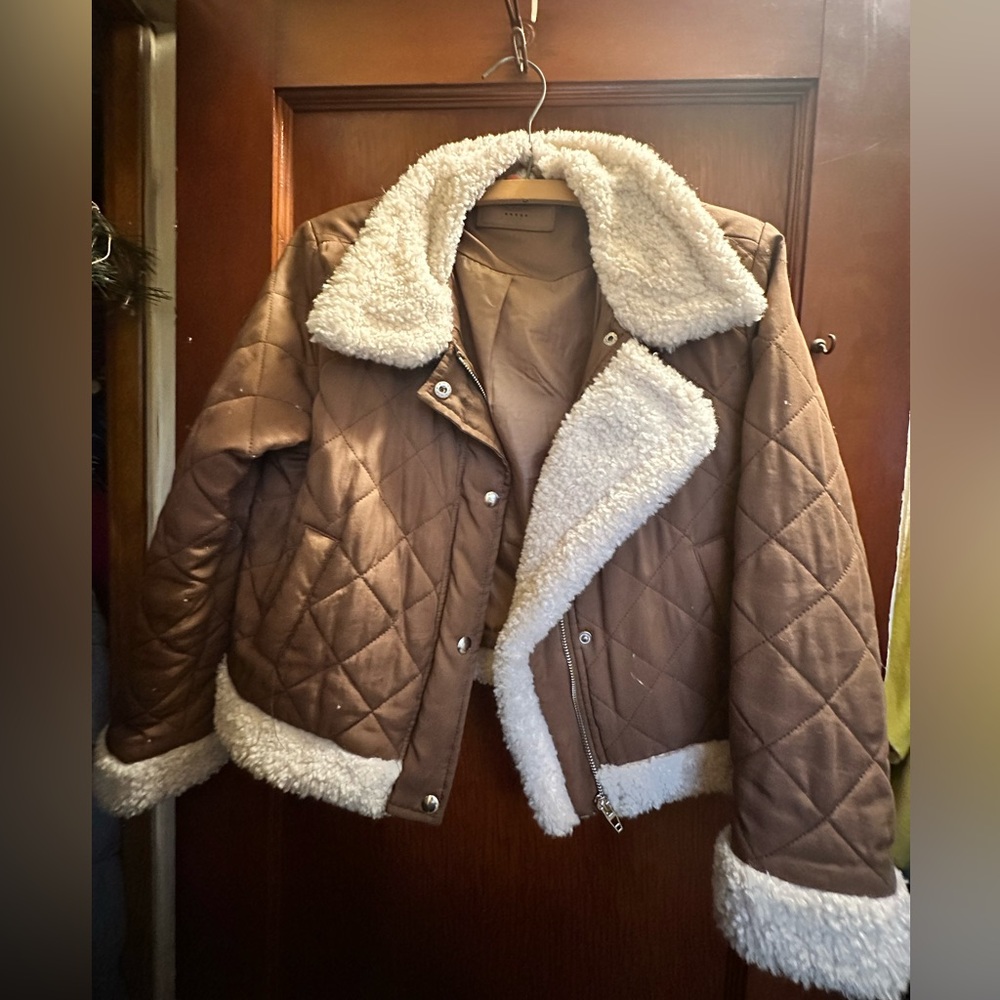 Brown Quilted Jacket with Shearling Trim
